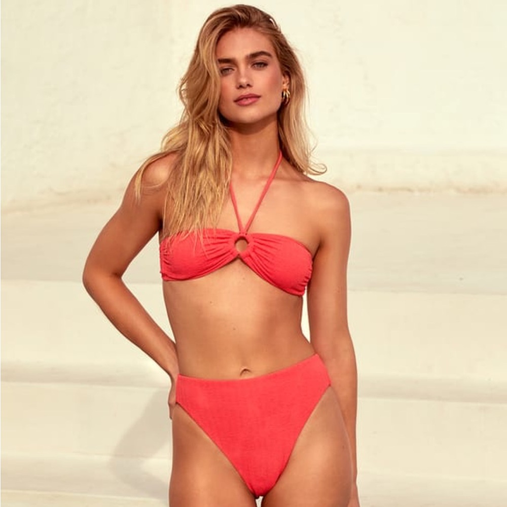 NWT Waves For Days Coral Red Crinkled High-Waisted Bikini